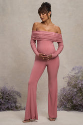 Blush Pink Maternity Ruched Mesh Bardot Jumpsuit